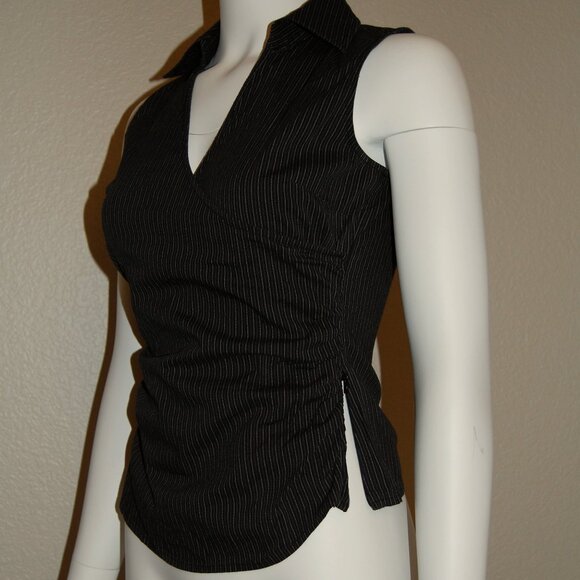 Express Women Size S, Sleeveless Collared Surplice Dress Shirt, Striped - Picture 13 of 13